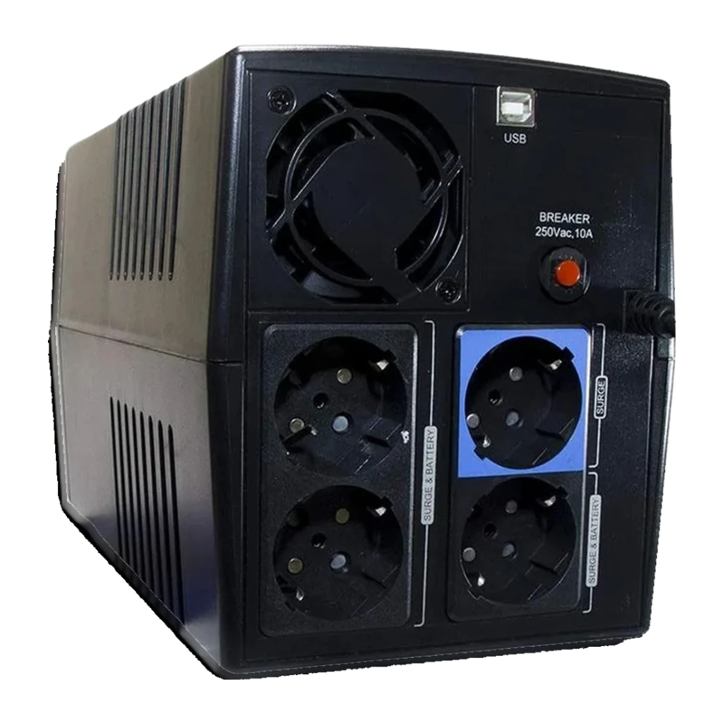 UPS Phasak Sirius Interactive 1500 VA 900W Preto PH 7315, detalhe traseiro: 4 tomadas Schuko, porta USB, ventoinha e breaker