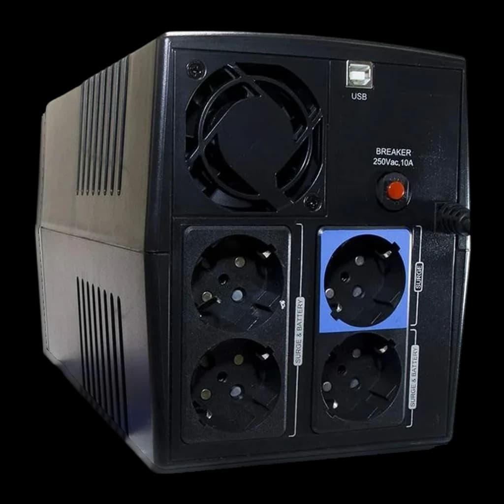 UPS Phasak Sirius Interactive 1500 VA 900W Preto PH 7315, detalhe traseiro: 4 tomadas Schuko, porta USB, ventoinha e breaker