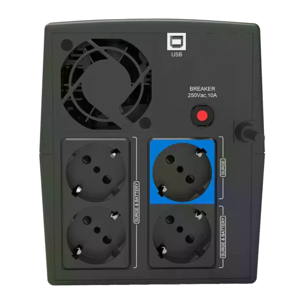 UPS Phasak Sirius Interactive 1500 VA 900W Preto PH 7315, vista traseira: 4 tomadas Schuko, porta USB, ventoinha e disjuntor