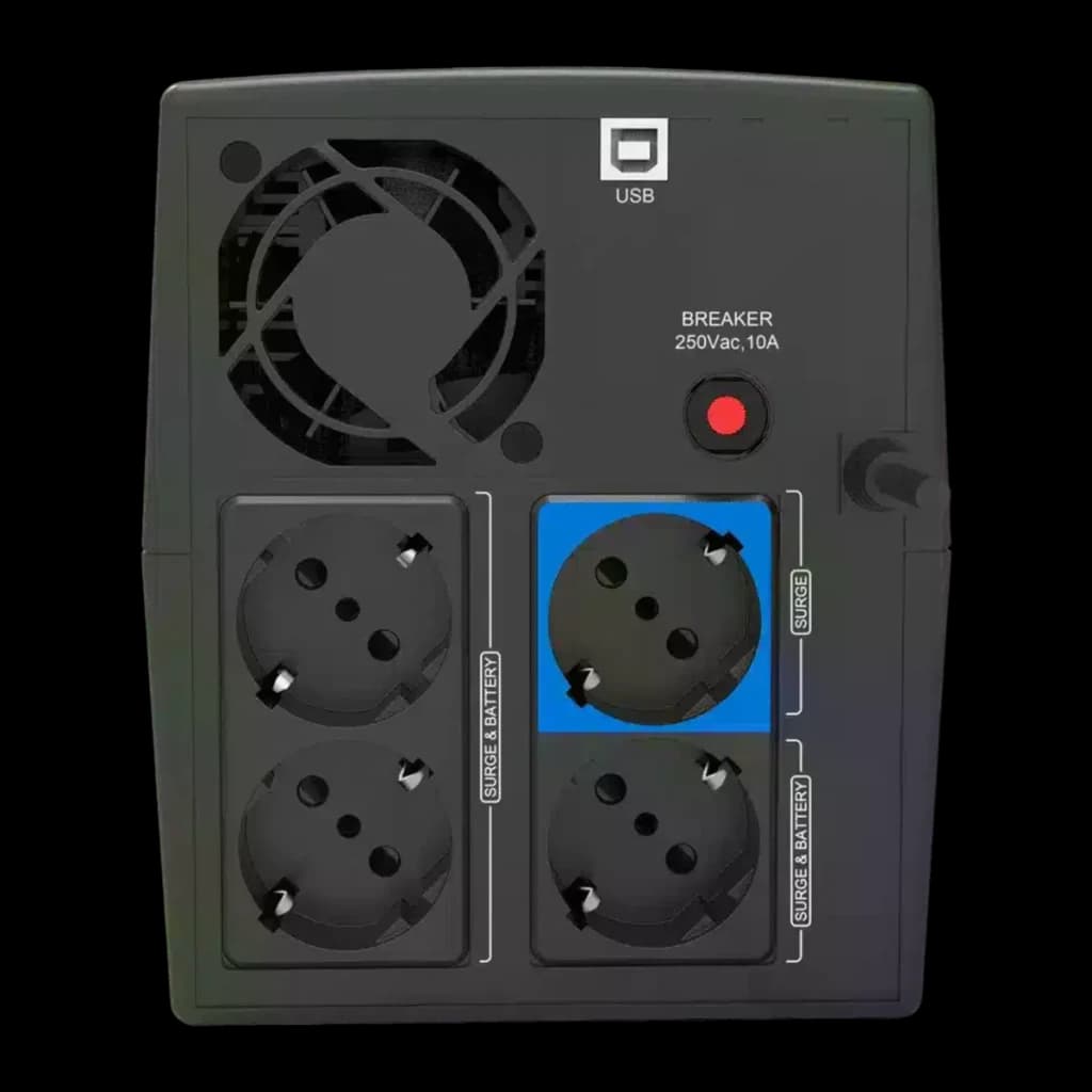 UPS Phasak Sirius Interactive 1500 VA 900W Preto PH 7315, vista traseira: 4 tomadas Schuko, porta USB, ventoinha e disjuntor