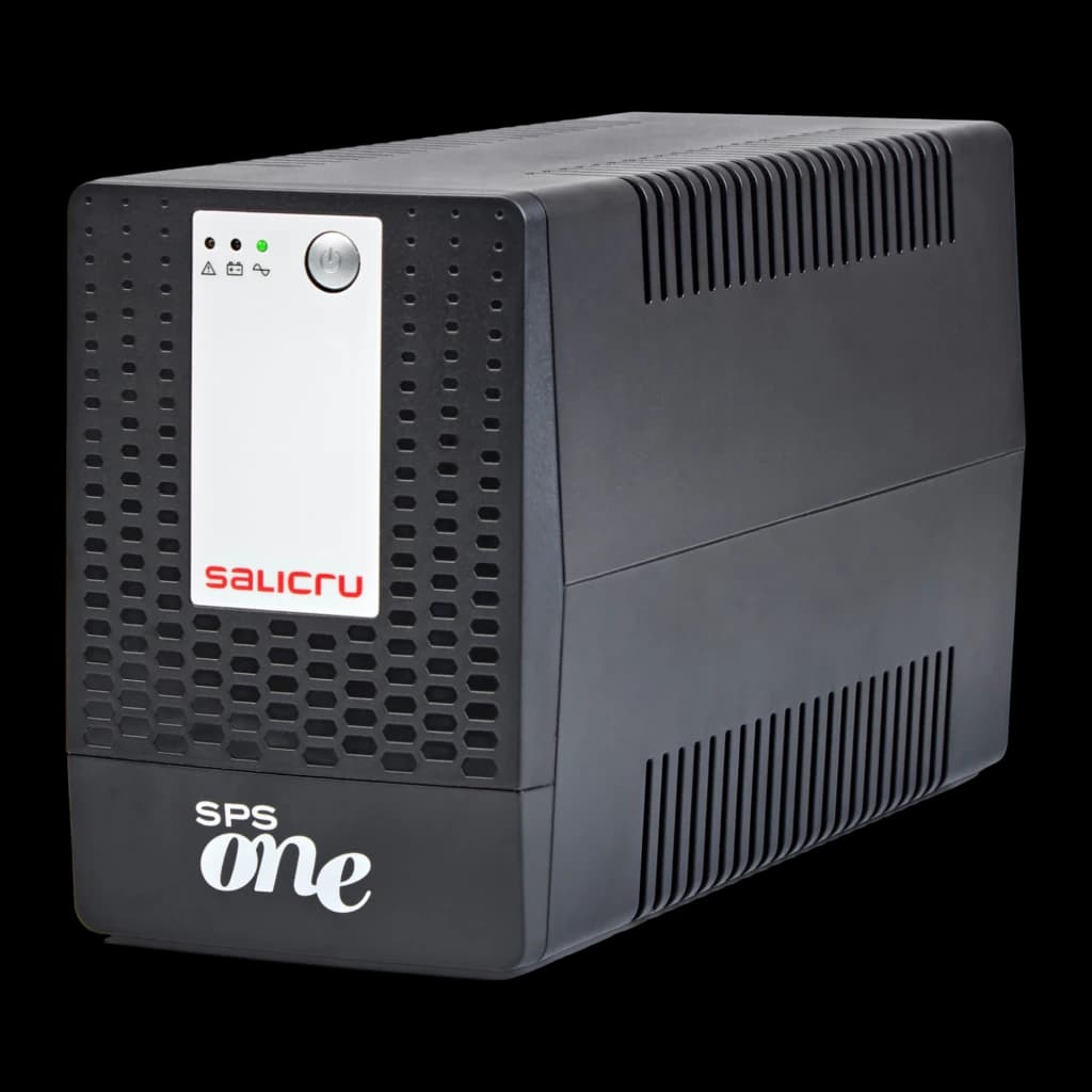 UPS Salicru SPS ONE 2000 VA Linha Interativa 2000VA Preto, vista frontal: carcaça preta com grelhas, painel de LEDs, botão