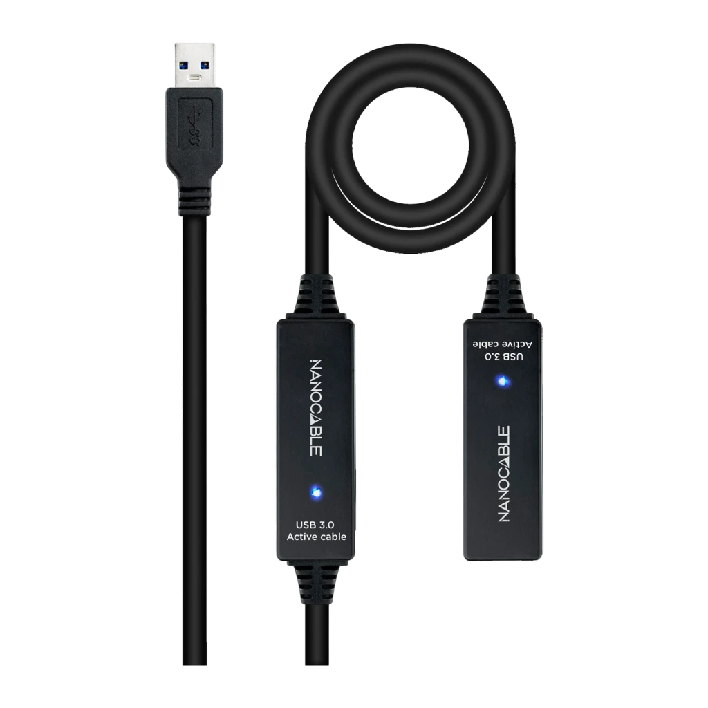 Cable Nanocable USB 3.0 Prolongador con Amplificador A/M-A/H 15m Negro, vista frontal: conector USB-A macho, cable enrollado