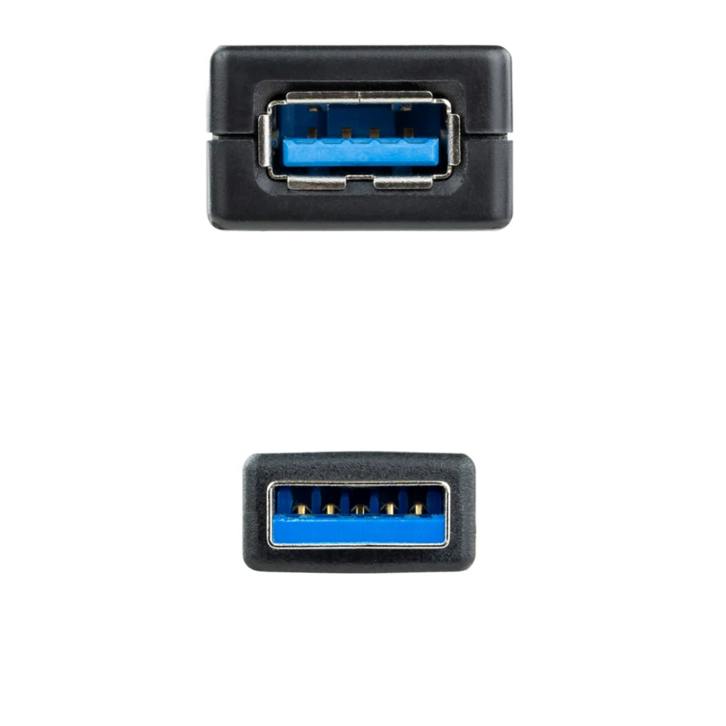 Cable Nanocable USB 3.0 Prolongador con Amplificador A/M-A/H 15m Negro, detalle: conectores macho y hembra USB-A azules