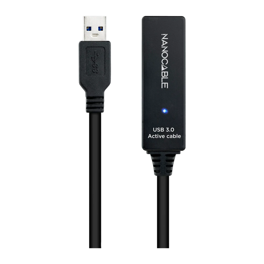 Cable Nanocable USB 3.0 Prolongador con Amplificador A/M-A/H 15m Negro, detalle: conector USB-A macho y caja amplificadora
