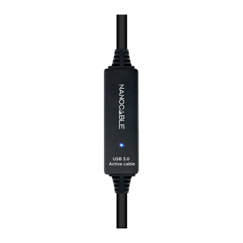 Cable Nanocable USB 3.0 Prolongador con Amplificador A/M-A/H 15m Negro, detalle: caja amplificadora negra con logo, LED azul