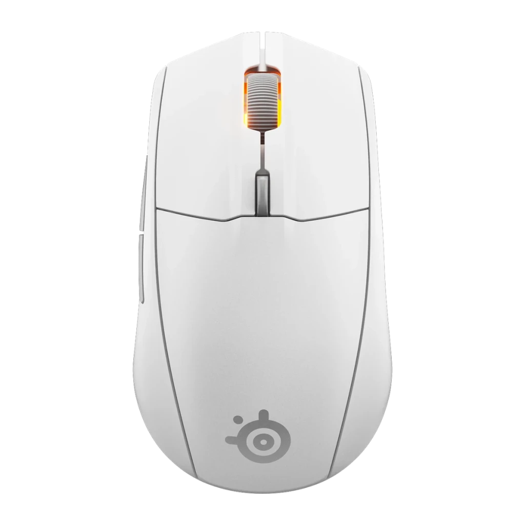 Souris Gaming SteelSeries Rival 3 Wireless Gen 2 Sans Fil 18000 DPI RGB Blanc, détail: vue du dessus avec molette éclairée