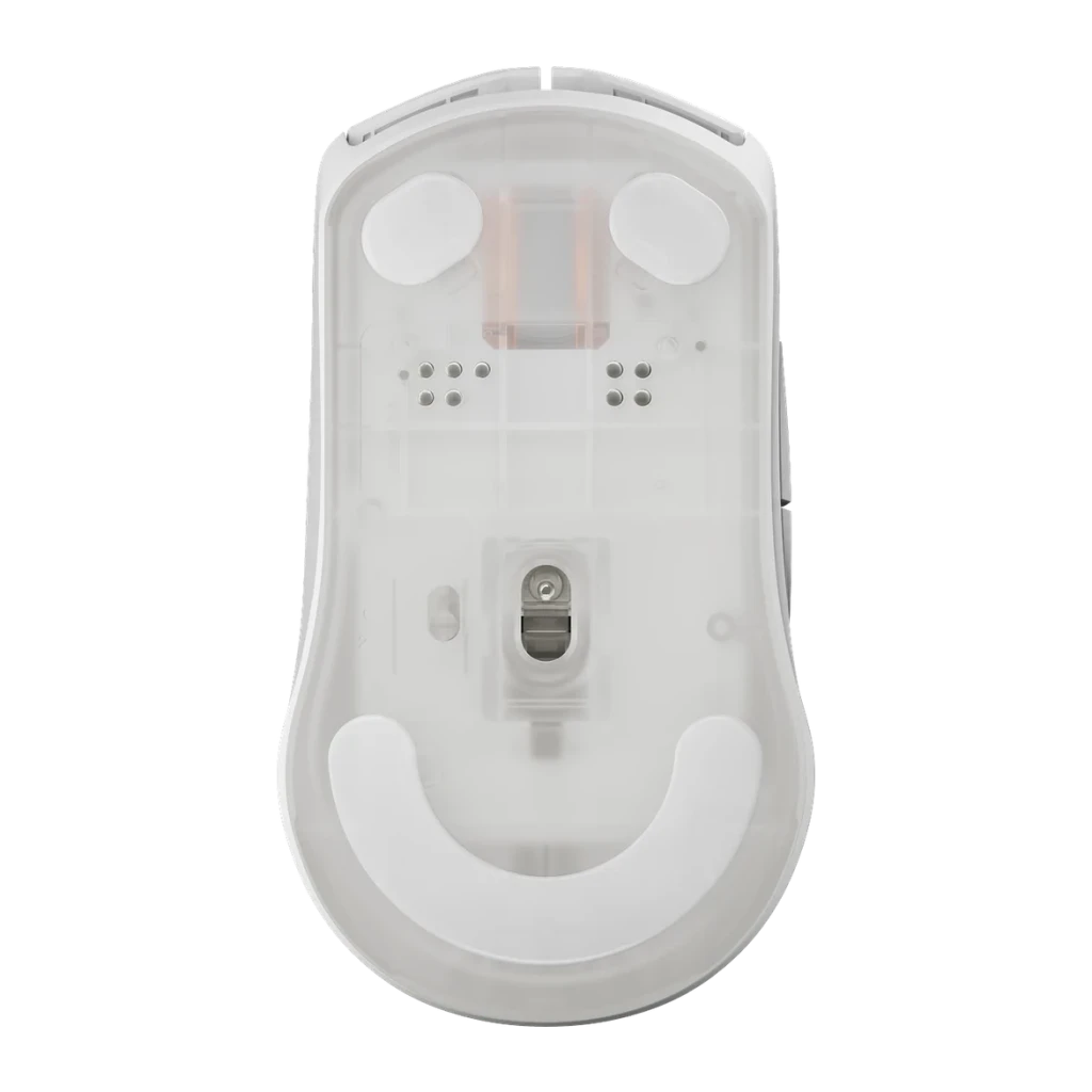 Souris Gaming SteelSeries Rival 3 Wireless Gen 2 Sans Fil 18000 DPI RGB Blanc, vue arrière: dessous transparent avec capteur