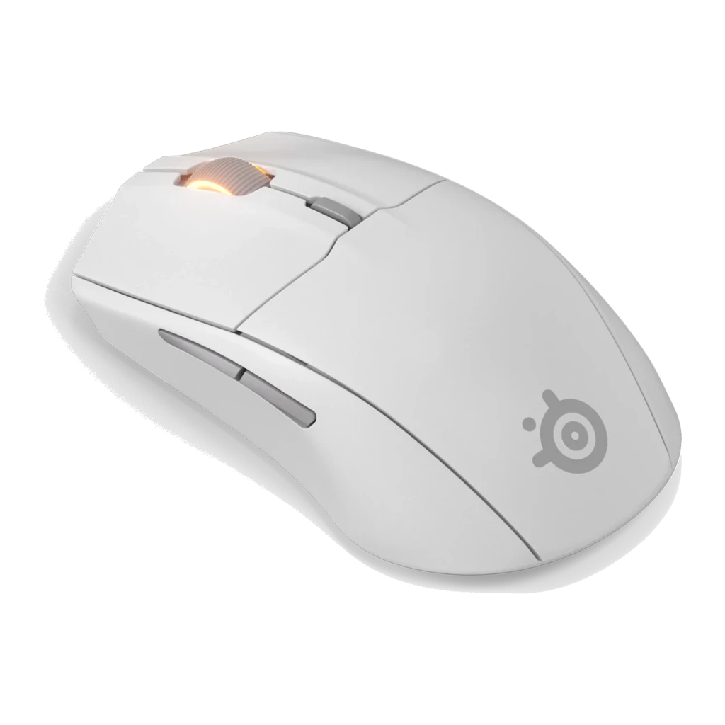 Souris Gaming SteelSeries Rival 3 Wireless Gen 2 Sans Fil 18000 DPI RGB Blanc, détail: molette avec éclairage RGB ambré