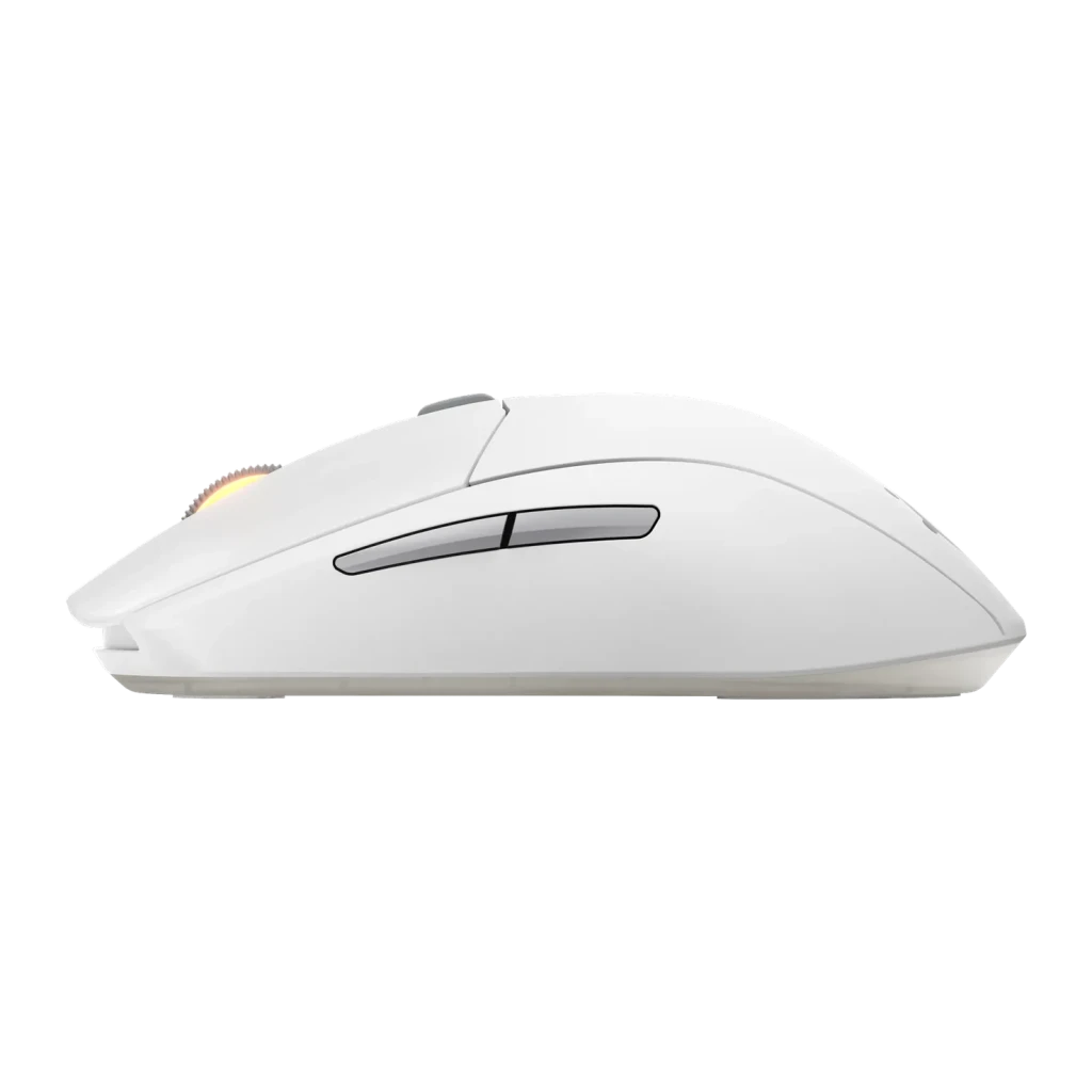 Souris Gaming SteelSeries Rival 3 Wireless Gen 2 Sans Fil 18000 DPI RGB Blanc, détail latéral: boutons latéraux et molette