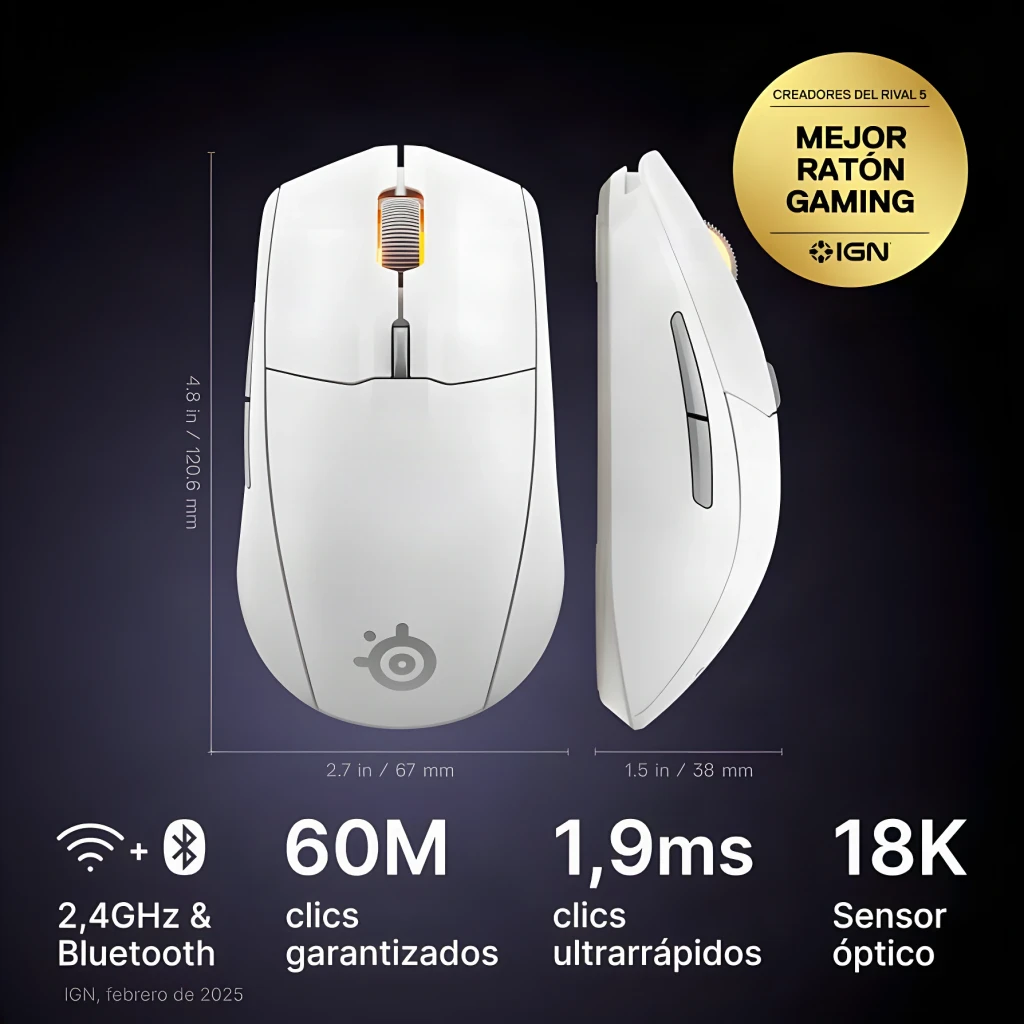 Souris Gaming SteelSeries Rival 3 Wireless Gen 2 Sans Fil 18000 DPI RGB Blanc, vues dessus et côté: dimensions, molette