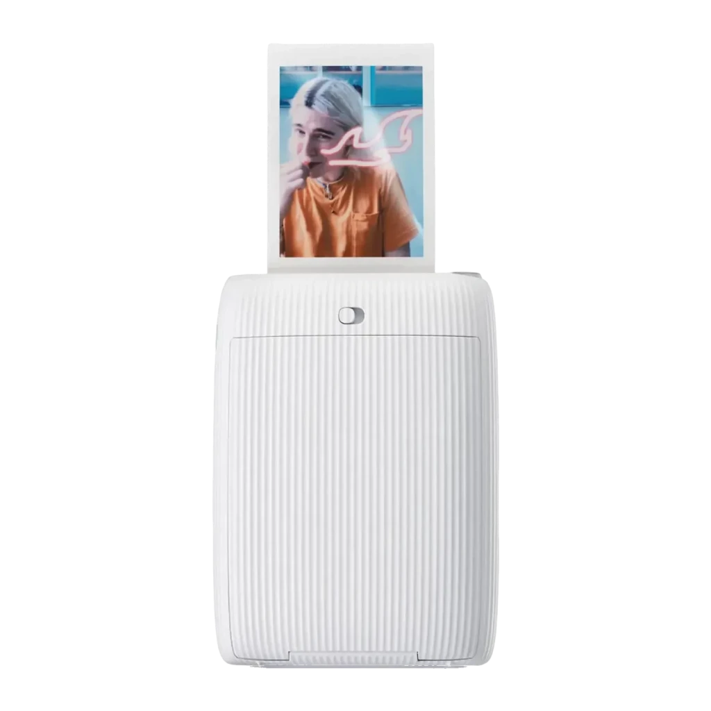 Impressora fotográfica Fujifilm Instax Mini Link 2 Branco, vista traseira: foto instax saindo pela ranhura superior