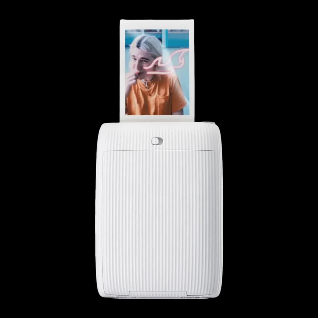 Impressora fotográfica Fujifilm Instax Mini Link 2 Branco, vista traseira: foto instax saindo pela ranhura superior