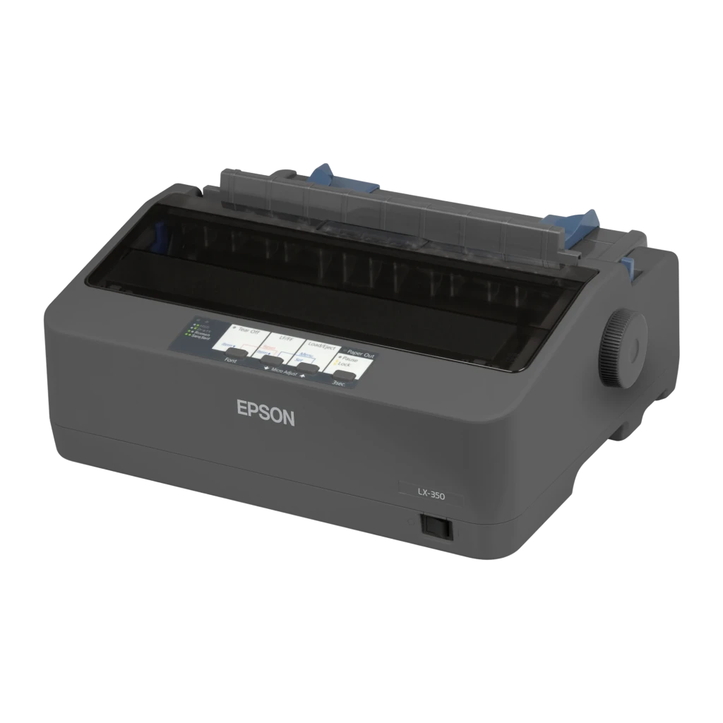 Impresora Matricial Epson LX-350 Monocromo, vista frontal: cuerpo gris con panel de control, guías de papel azules y rueda