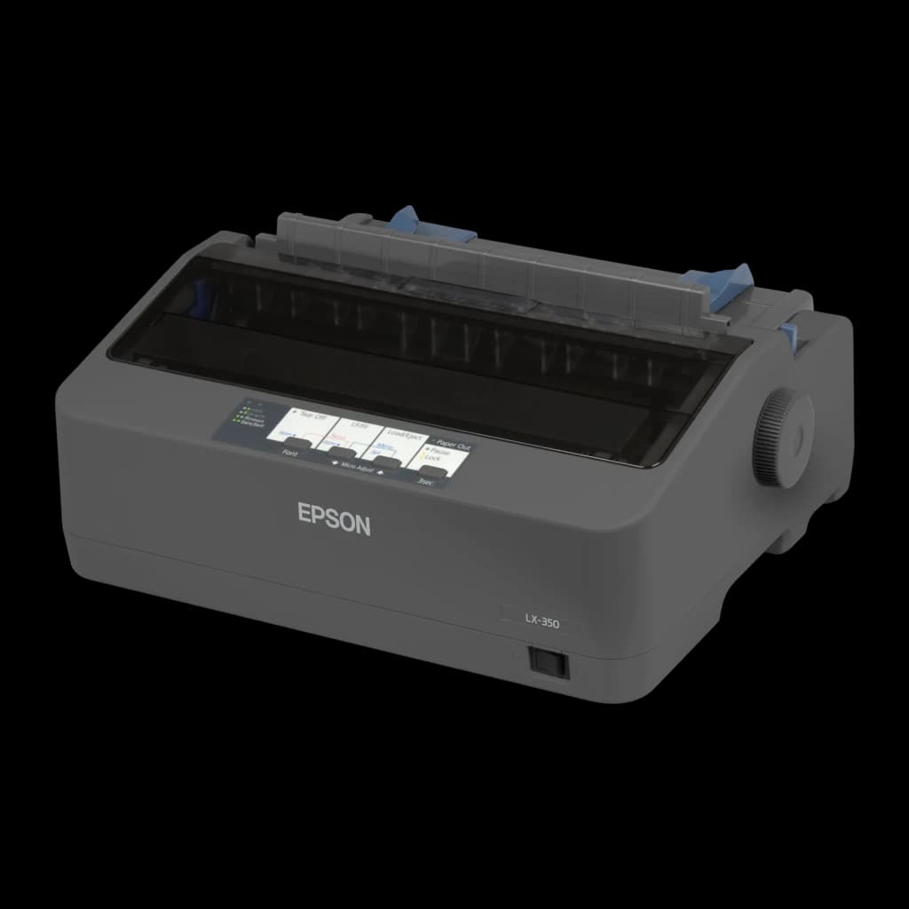 Impresora Matricial Epson LX-350 Monocromo, vista frontal: cuerpo gris con panel de control, guías de papel azules y rueda