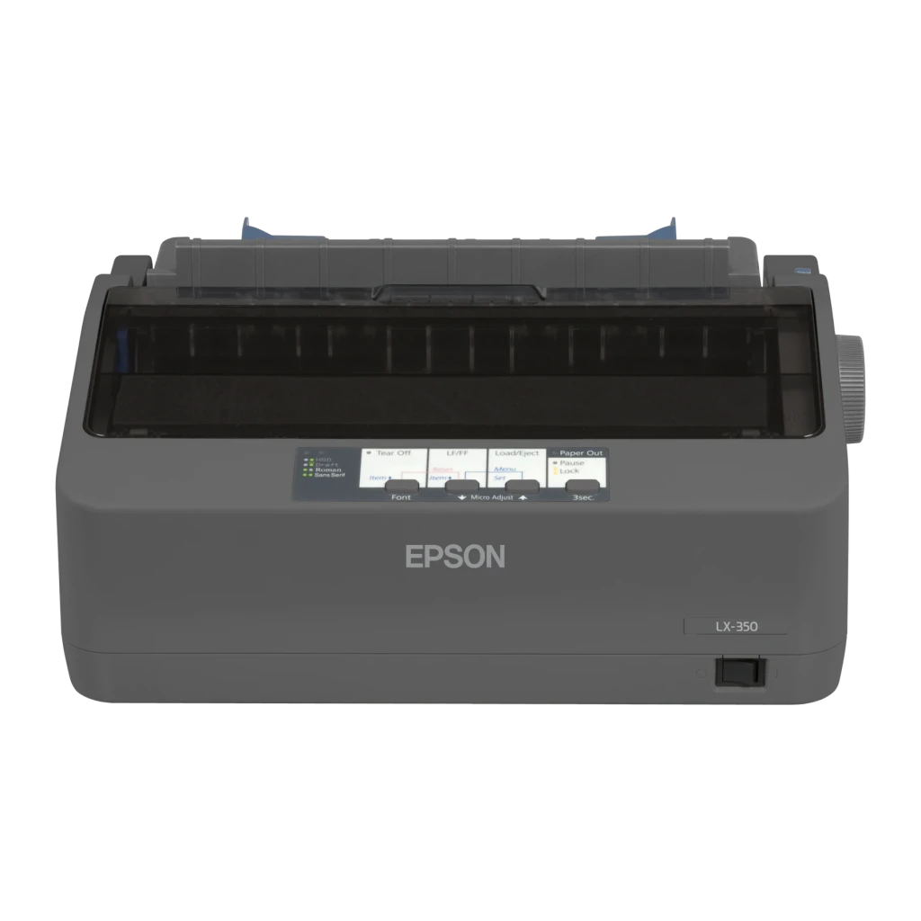 Impresora Matricial Epson LX-350 Monocromo, detalle frontal: panel de control con botones y guías de papel azules