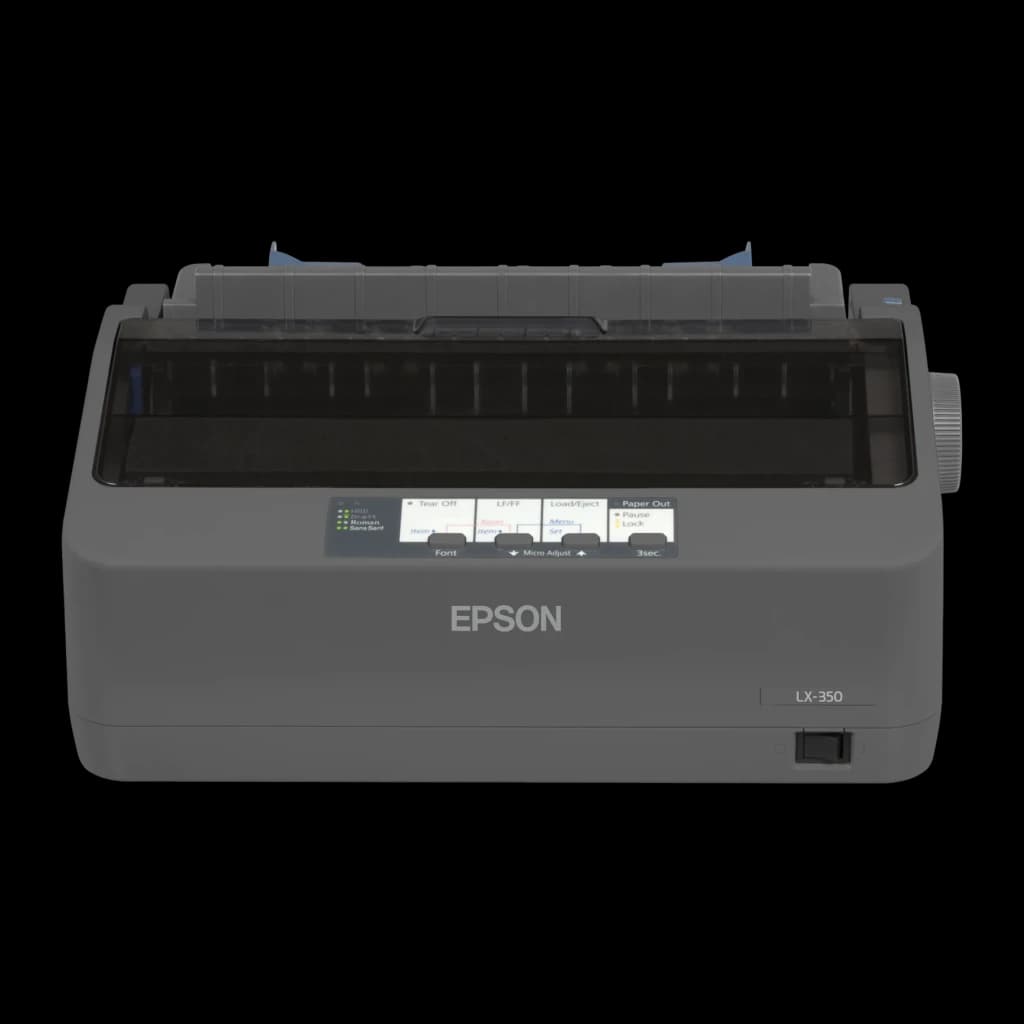 Impresora Matricial Epson LX-350 Monocromo, detalle frontal: panel de control con botones y guías de papel azules