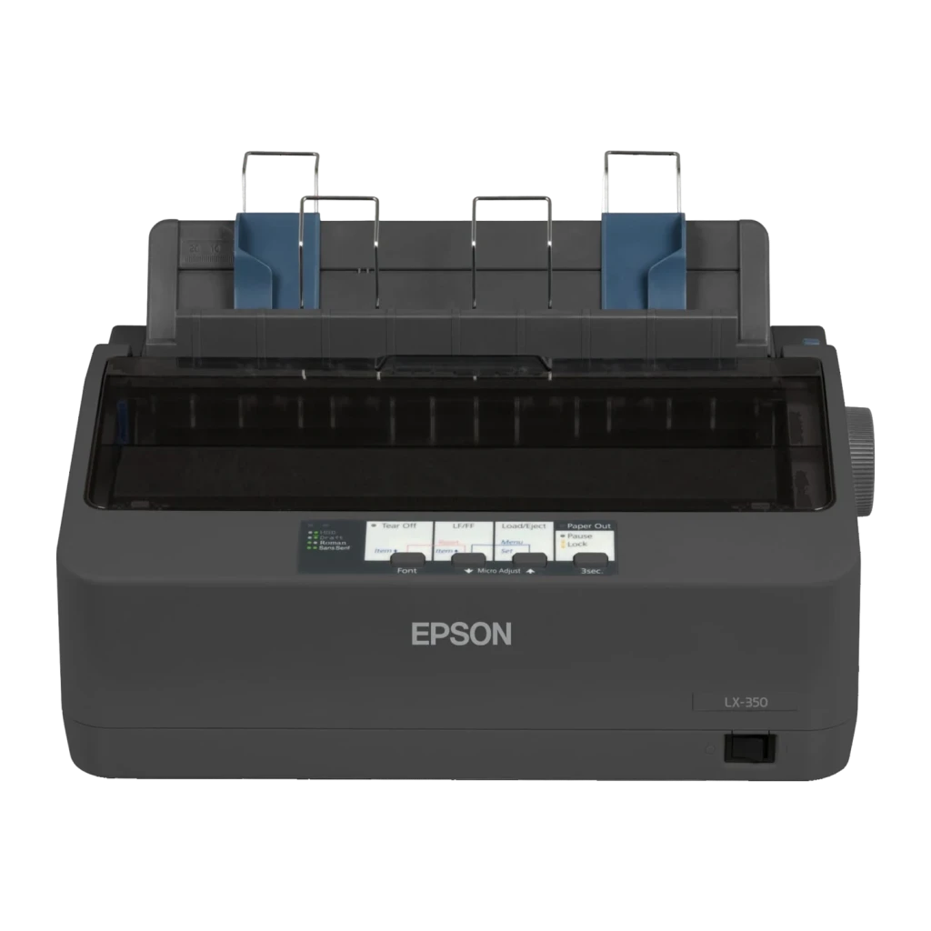 Impresora Matricial Epson LX-350 Monocromo, detalle frontal: panel de control, guías de papel azules y rodillo lateral