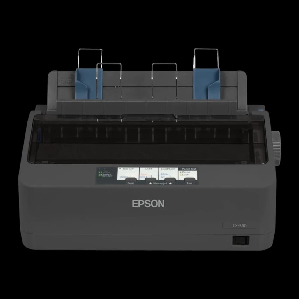 Impresora Matricial Epson LX-350 Monocromo, detalle frontal: panel de control, guías de papel azules y rodillo lateral
