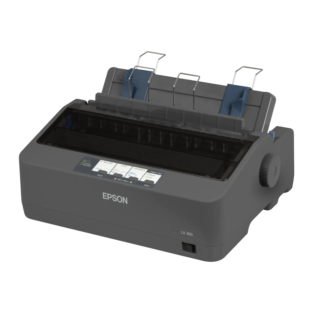 Impresora Matricial Epson LX-350 Monocromo, detalle: vista en ángulo con alimentador de papel, panel de control y rodillo
