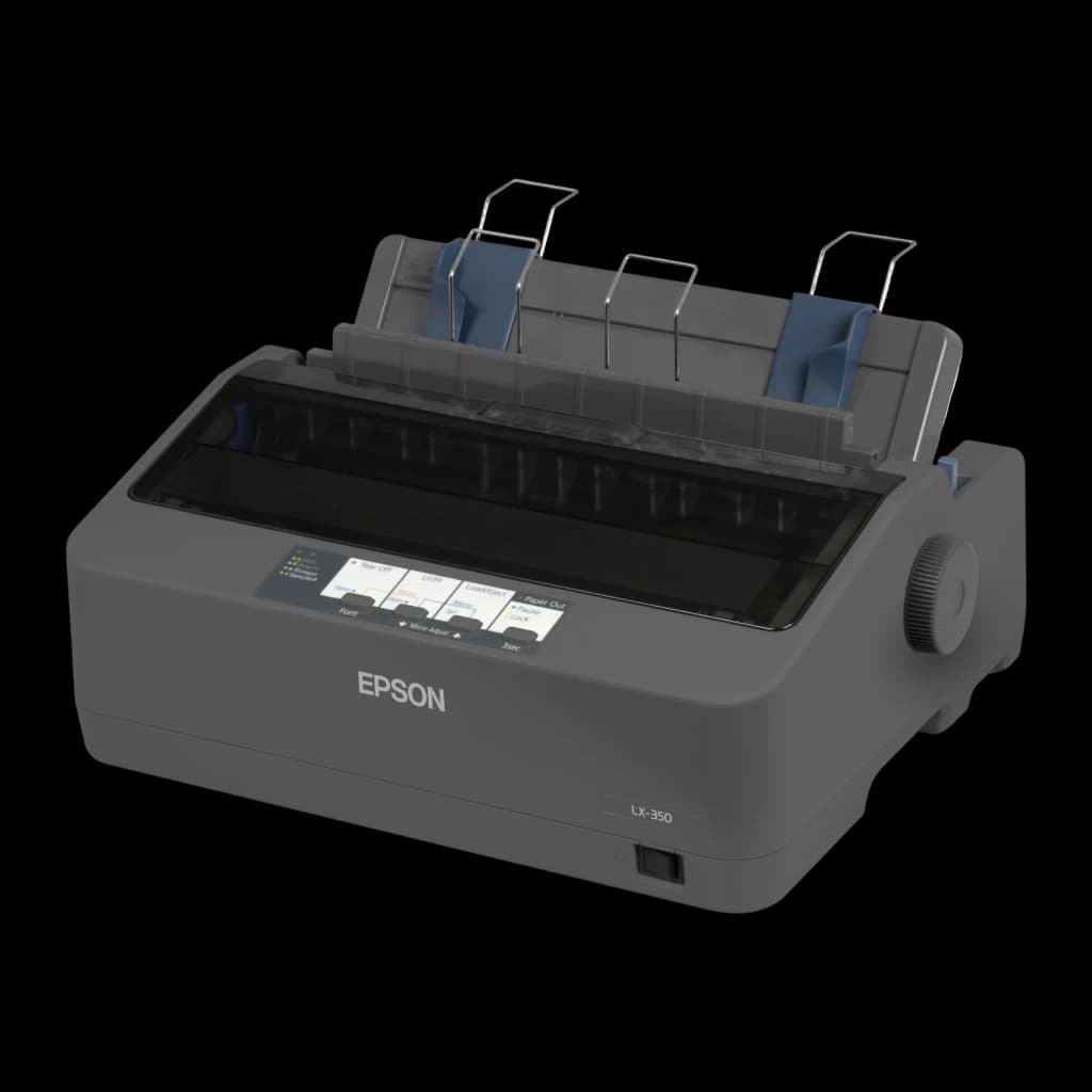 Impresora Matricial Epson LX-350 Monocromo, detalle: vista en ángulo con alimentador de papel, panel de control y rodillo