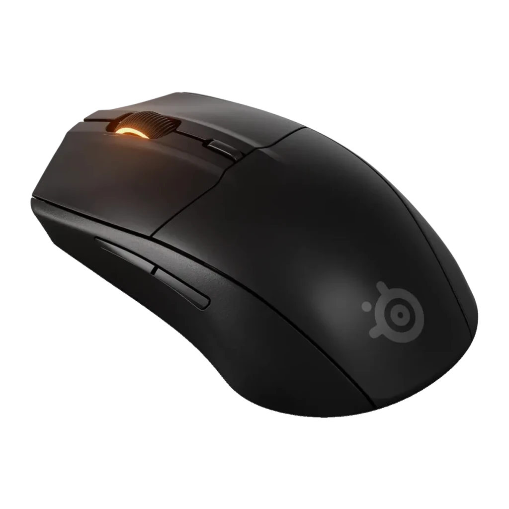 Souris Gaming SteelSeries Rival 3 Wireless Gen 2 Sans Fil 18000 DPI RGB Noir Mat, vue de face: molette avec éclairage orange