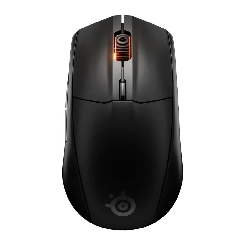Souris Gaming SteelSeries Rival 3 Wireless Gen 2 Sans Fil 18000 DPI RGB Noir Mat, détail: molette avec éclairage RGB orange