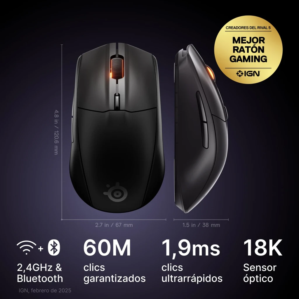 Souris Gaming SteelSeries Rival 3 Wireless Gen 2 Sans Fil 18000 DPI RGB Noir Mat, vues dessus et côté: dimensions, molette