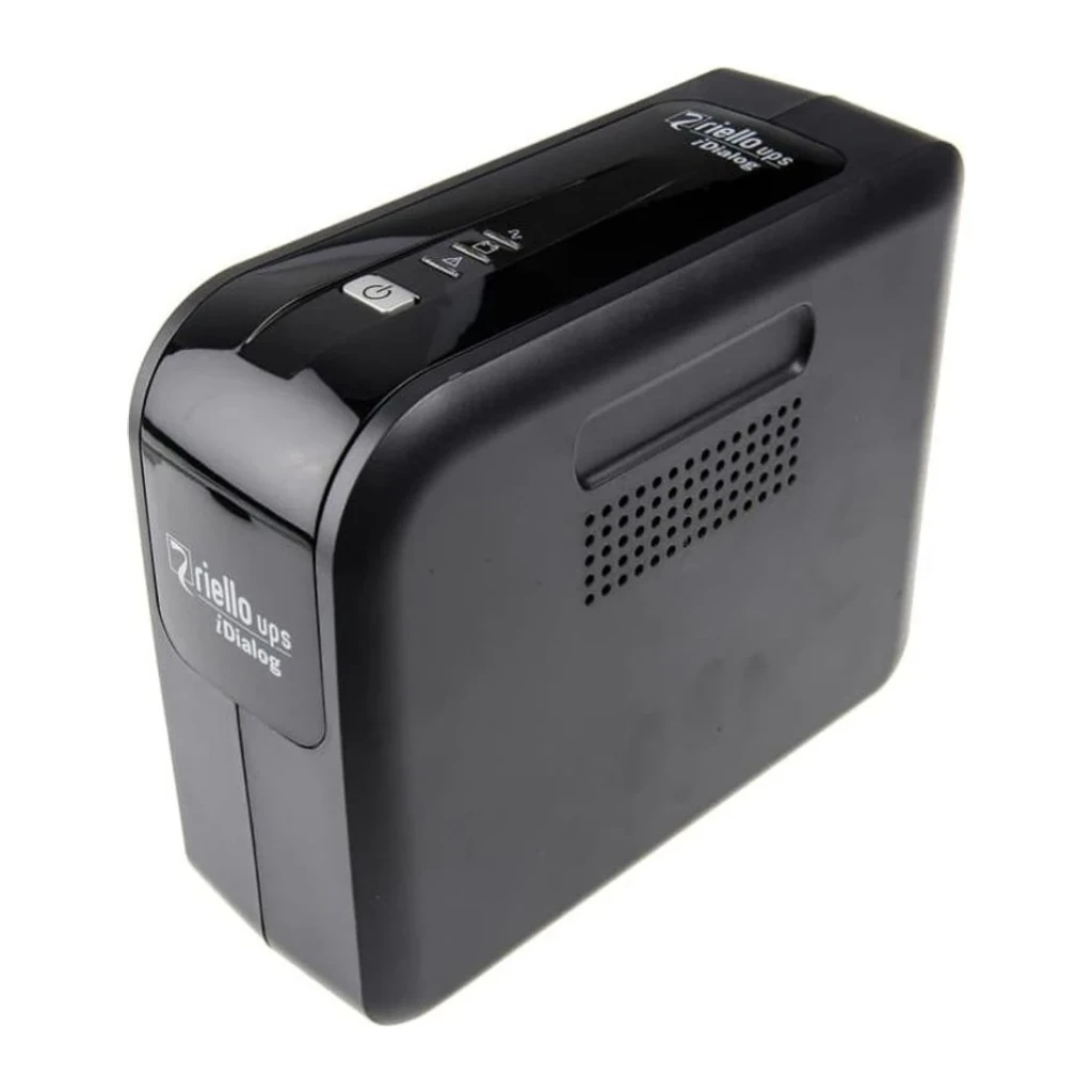 Sai ups Riello UPS iDialog IDG 600 Offline 600VA 360W Negro, detalle: vista en perspectiva con botón de encendido, rejilla