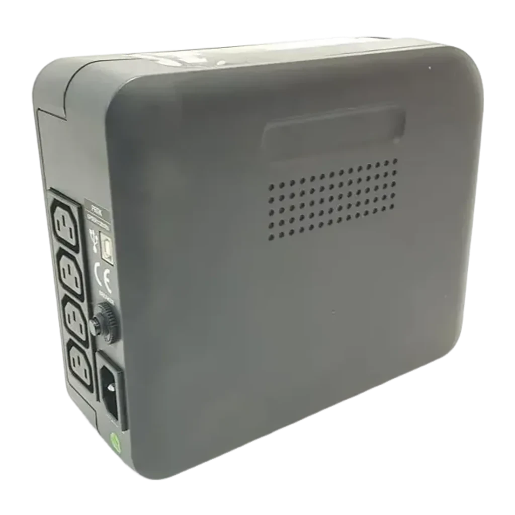 Sai ups Riello UPS iDialog IDG 600 Offline 600VA 360W Negro, vista trasera: tomas IEC, puerto USB, entrada y rejilla