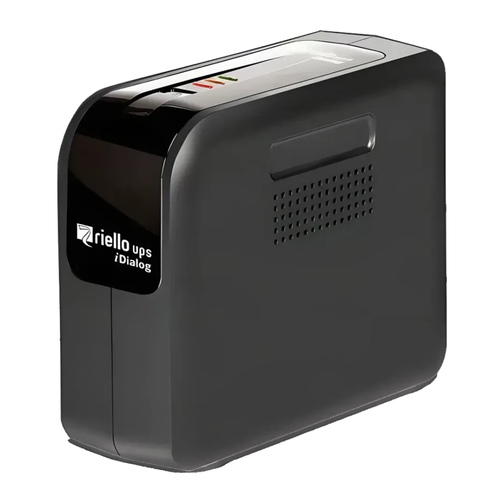 Sai ups Riello UPS iDialog IDG 600 Offline 600VA 360W Negro, detalle: vista lateral con rejilla ventilación, logo y LEDs