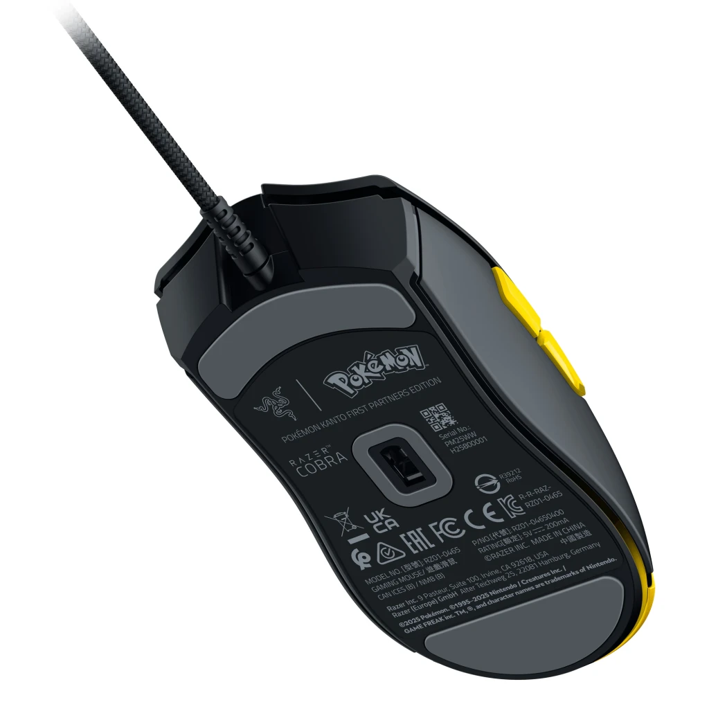 Ratón Gaming Razer Cobra Pokémon Kanto Starters Edition Negro/Amarillo, vista trasera: base con sensor óptico, logo Pokémon