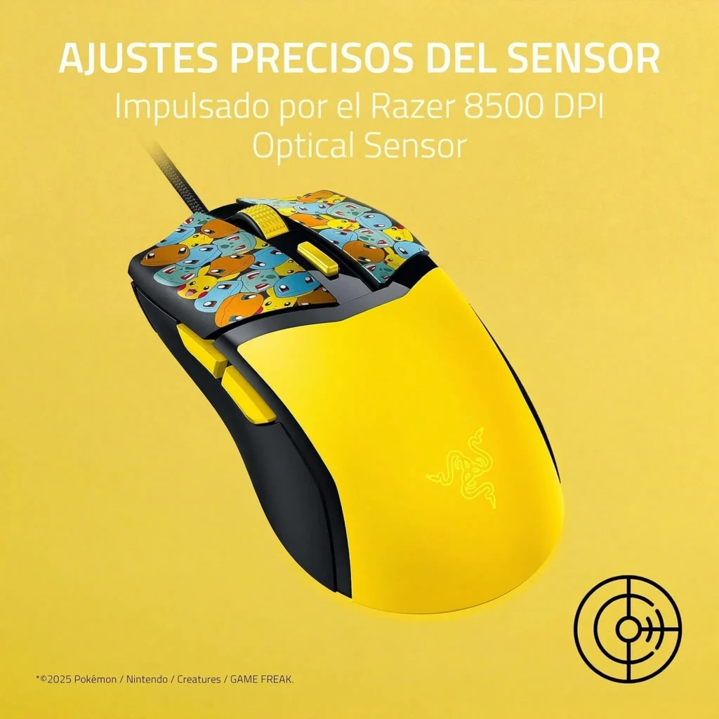 Ratón Gaming Razer Cobra Pokémon Kanto Starters Edition Negro/Amarillo, vista lateral: cuerpo amarillo con estampado Pokémon