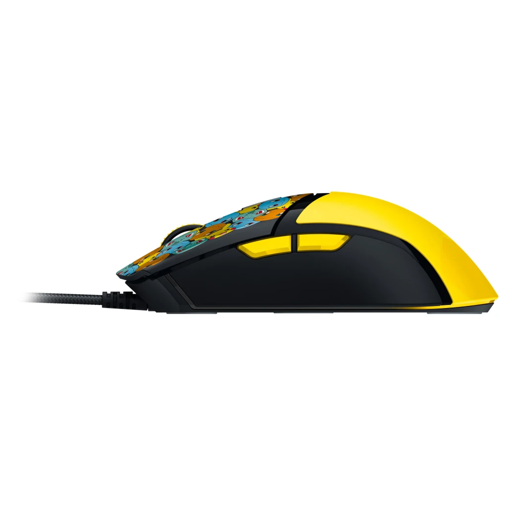 Ratón Gaming Razer Cobra Pokémon Kanto Starters Edition Negro/Amarillo, detalle lateral: ilustración de starters Kanto