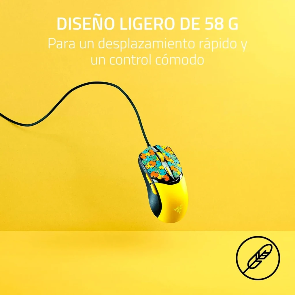 Ratón Gaming Razer Cobra Pokémon Kanto Starters Edition Negro/Amarillo, vista lateral: ratón flotando sobre fondo amarillo