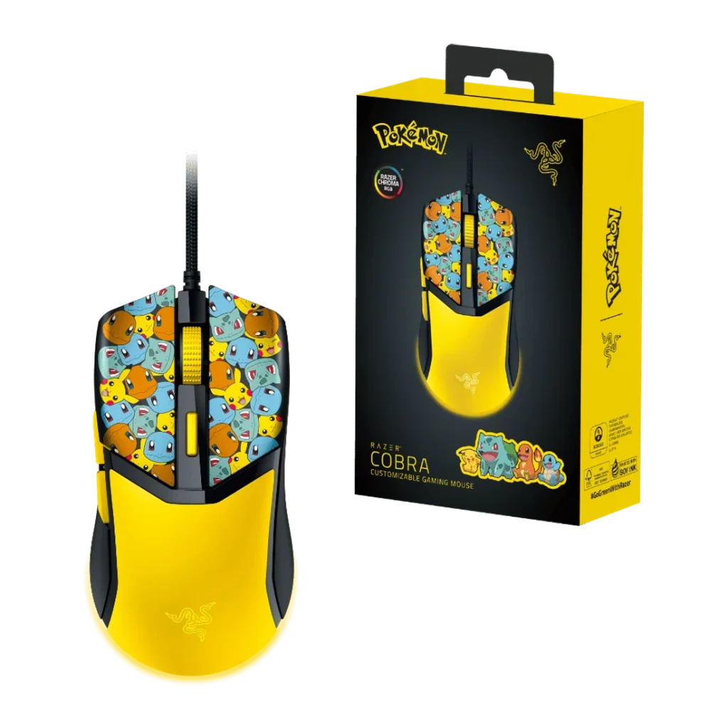Ratón Gaming Razer Cobra Pokémon Kanto Starters Edition Negro/Amarillo, vista frontal con caja: ratón y packaging oficial