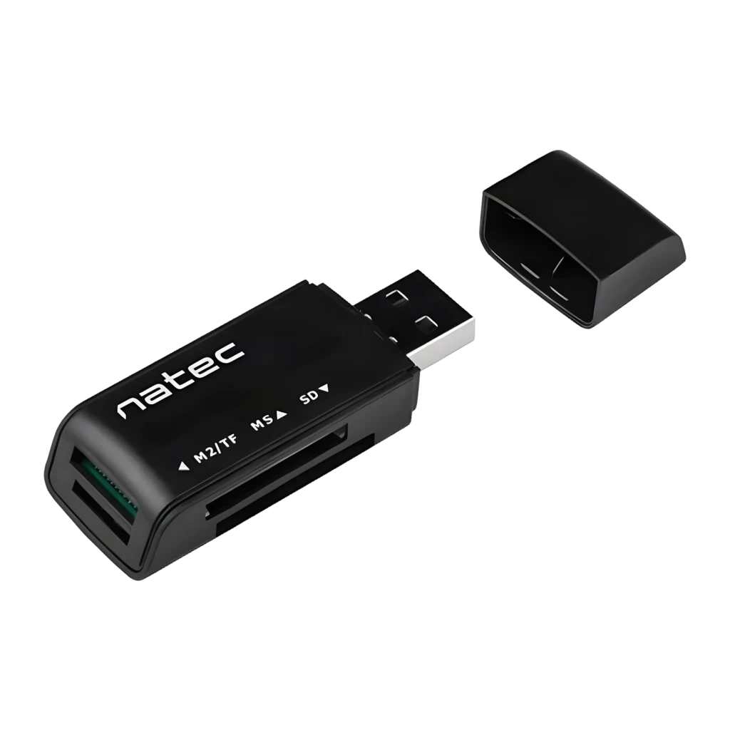 Lecteur de cartes Natec ANT 3 Mini SD, microSD, MMC USB 2.0 Noir, détail: fentes M2/TF, MS et SD visibles avec capuchon USB