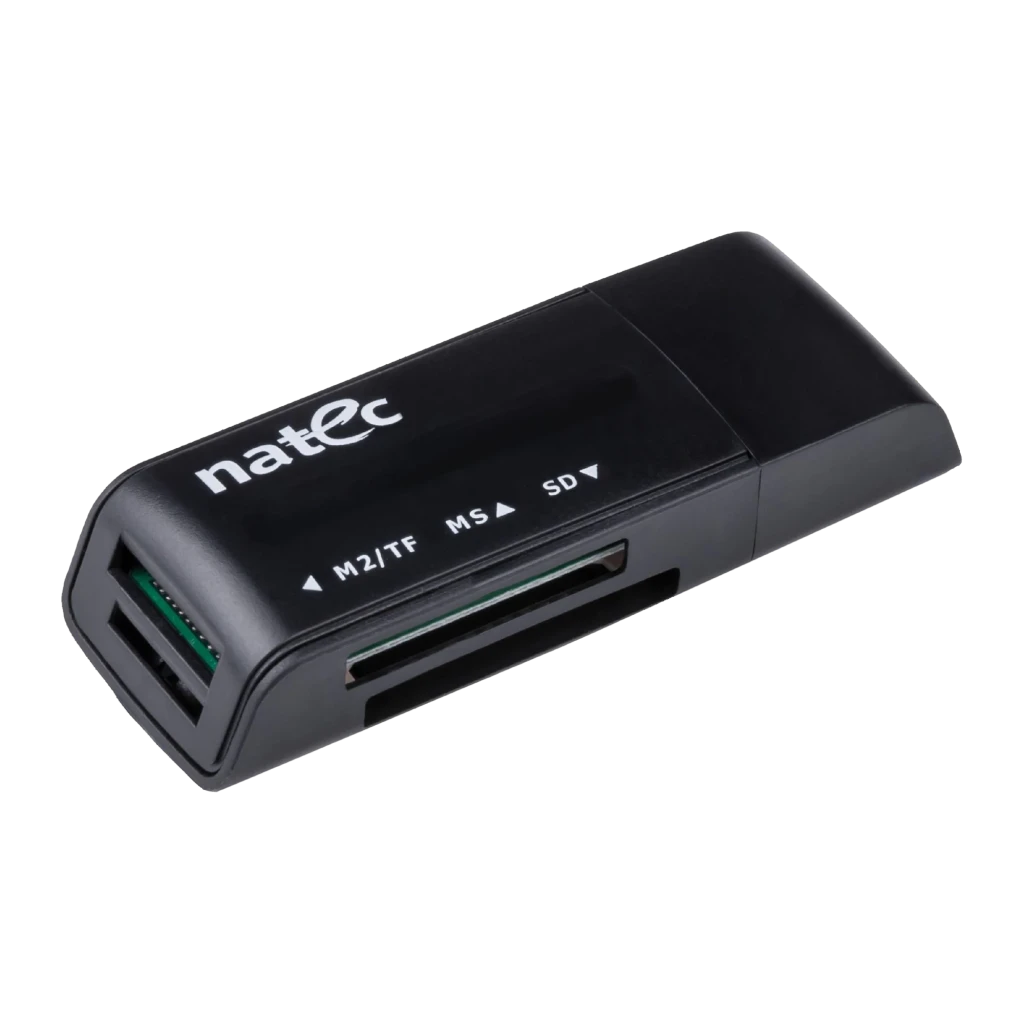 Lecteur de cartes Natec ANT 3 Mini SD, microSD, MMC USB 2.0 Noir, détail: fentes M2/TF, MS et SD visibles sur la face