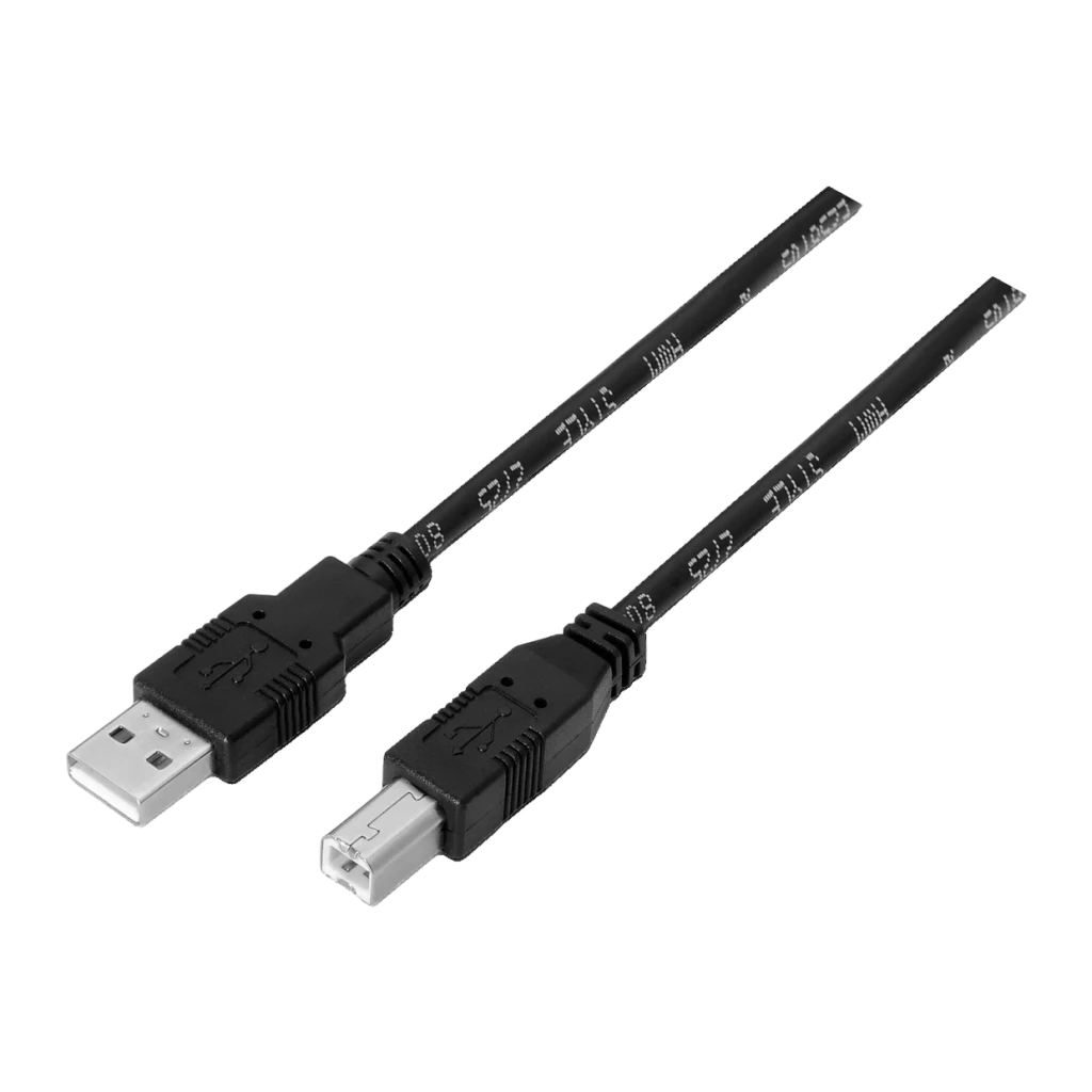 Câble USB AISENS A101-0008 USB-A vers USB-B 2.0 4,5 m Noir, vue de face: connecteurs type A et type B visibles avec texte