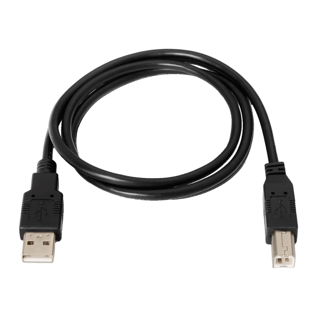 Câble USB AISENS A101-0008 USB-A vers USB-B 2.0 4,5 m Noir, détail: connecteurs USB-A et USB-B dorés visibles avec câble