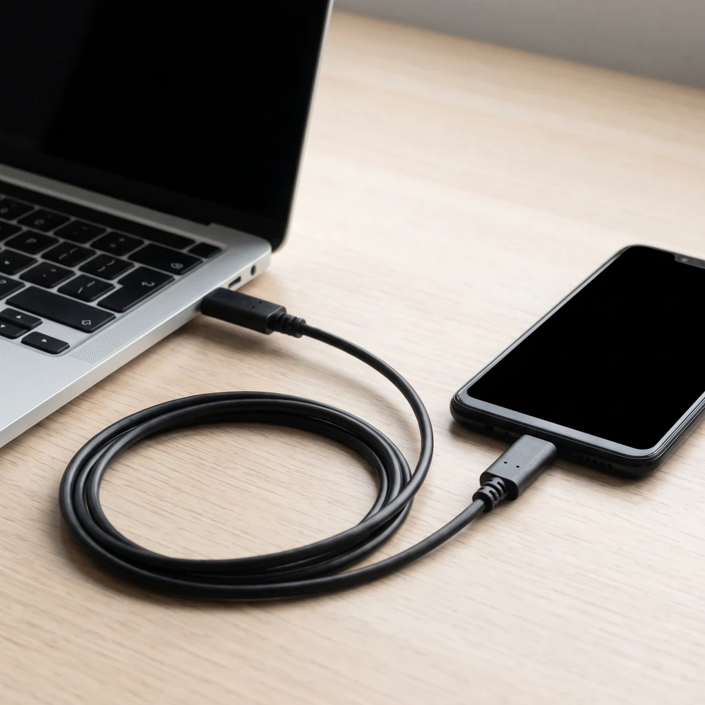 Cable AISENS A107-0058 USB-C a USB-C 3m 3A USB 2.0 Negro, en uso: conectado entre laptop y smartphone sobre mesa de madera