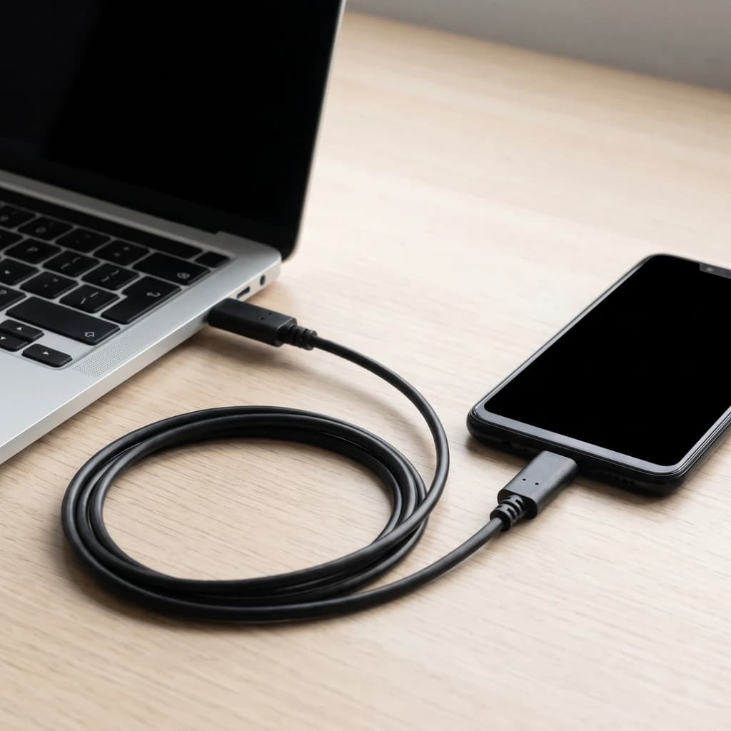Cable AISENS A107-0058 USB-C a USB-C 3m 3A USB 2.0 Negro, en uso: conectado entre laptop y smartphone sobre mesa de madera