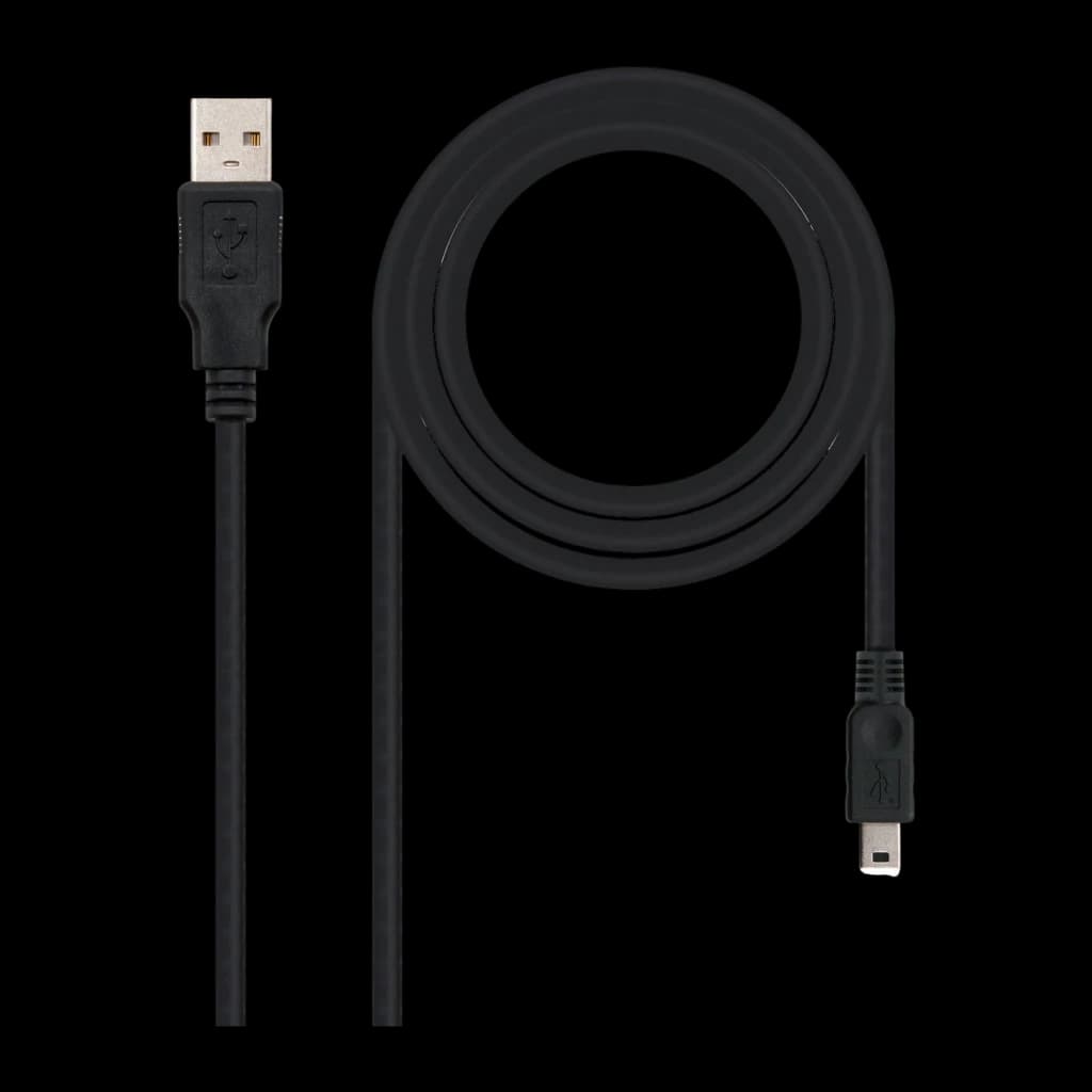 Câble Nanocable USB 2.0 Type A Mâle vers Mini USB 5 broches Mâle 0,5 m Noir, vue de face: connecteur USB-A doré et Mini USB