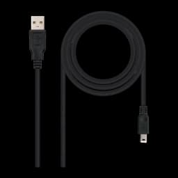 Câble Nanocable USB 2.0 Type A Mâle vers Mini USB 5 broches Mâle 0,5 m Noir, vue de face: connecteur USB-A doré et Mini USB