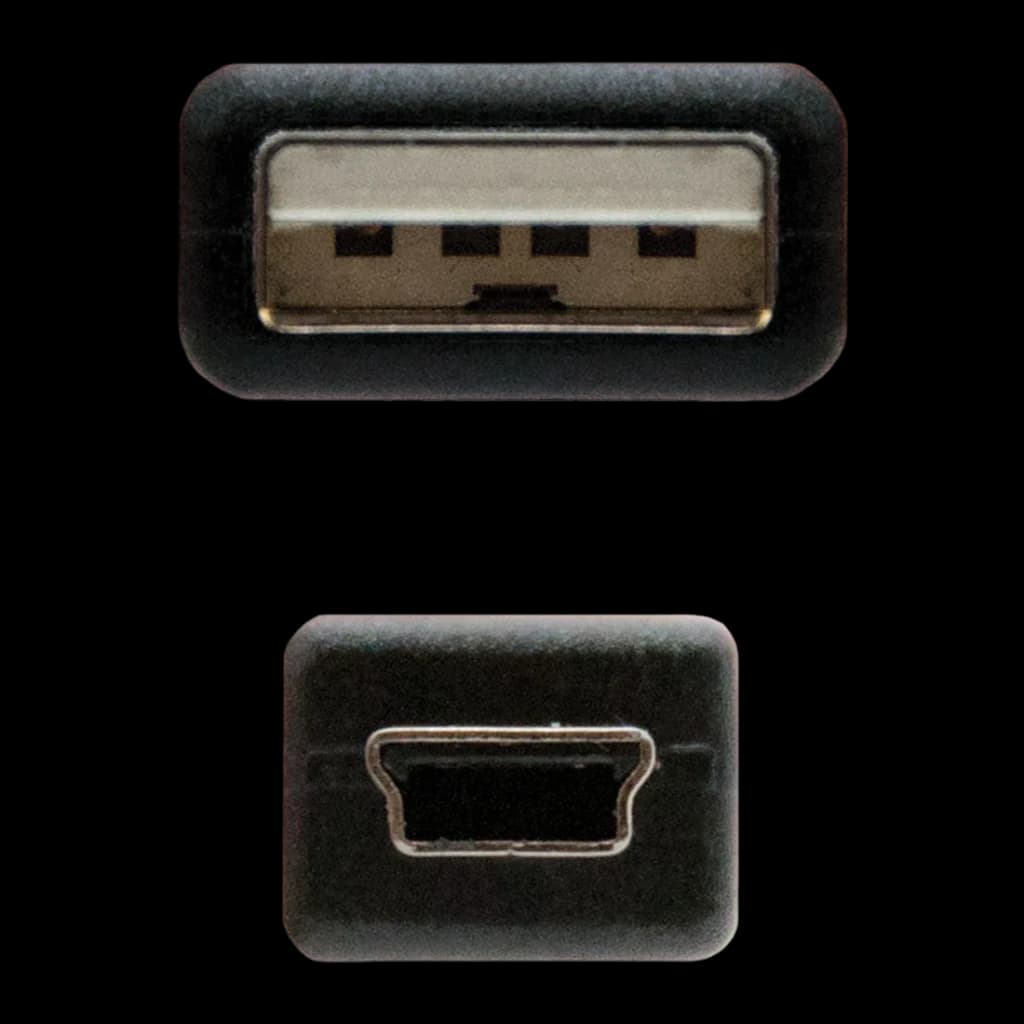 Câble Nanocable USB 2.0 Type A Mâle vers Mini USB 5 broches Mâle 0,5 m Noir, détail: connecteurs Type A et Mini USB 5