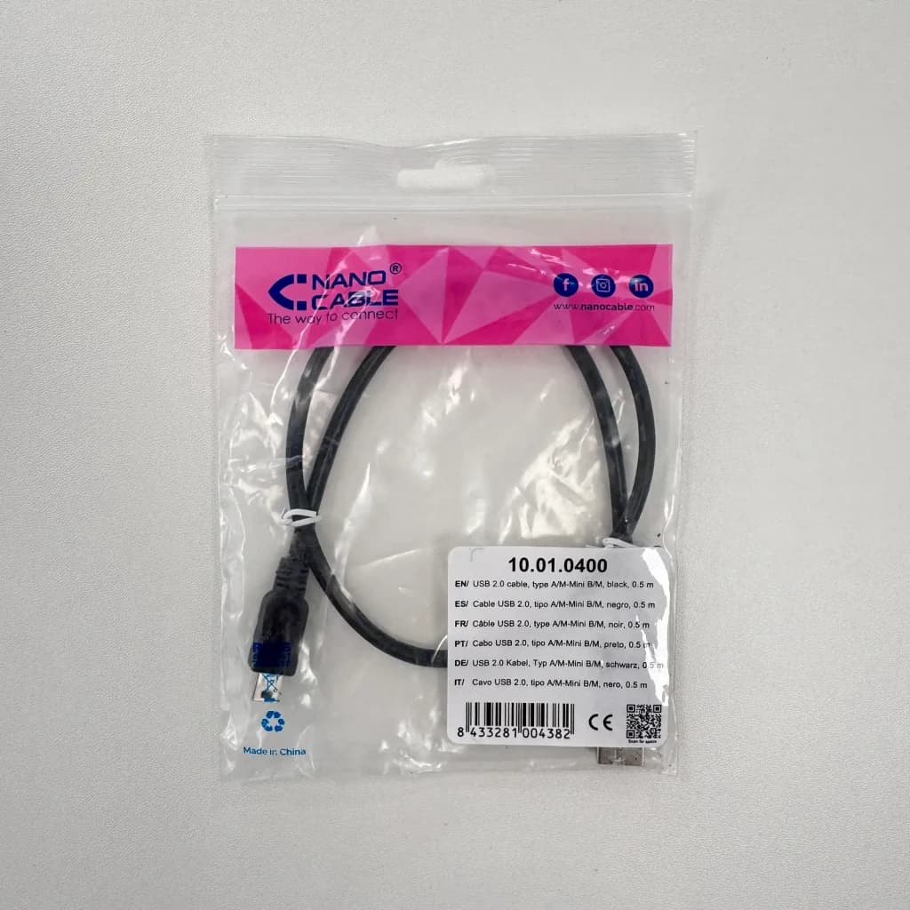 Câble Nanocable USB 2.0 Type A Mâle vers Mini USB 5 broches Mâle 0,5 m Noir, contenu de la boîte: câble enroulé en sachet