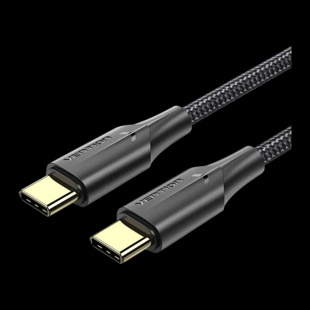 Cable USB Vention TAUB USB-C 2.0 0,5 m 3A a USB-C Negro, vista frontal: dos conectores USB-C dorados con funda metálica gris