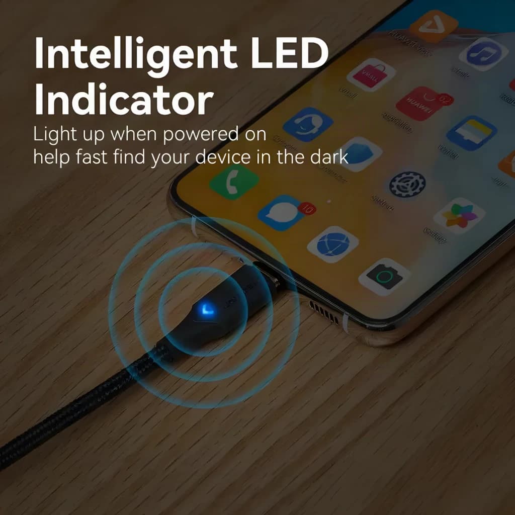 Cable USB Vention TAUB USB-C 2.0 0,5 m 3A a USB-C Negro, en uso: conector iluminado con LED azul enchufado a smartphone