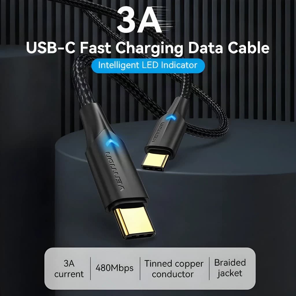 Cable USB Vention TAUB USB-C 2.0 0,5 m 3A a USB-C Negro, detalle: ambos conectores USB-C con LED azul e indicadores 3A