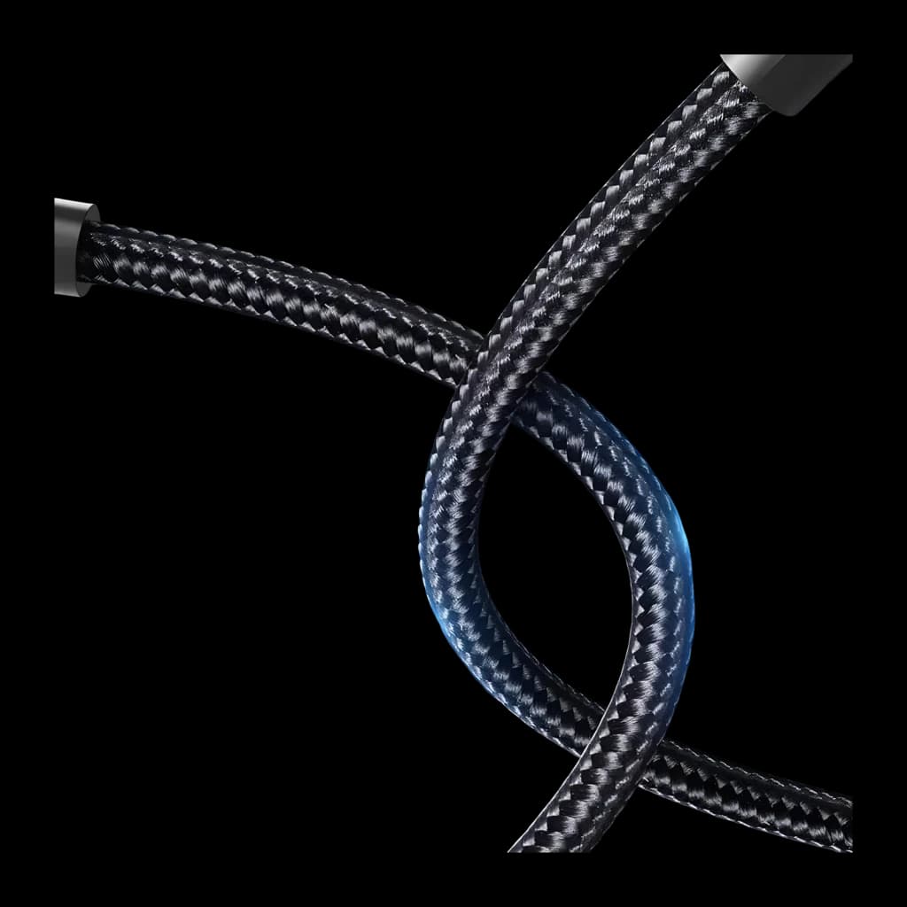 Cable USB Vention TAUB USB-C 2.0 0,5 m 3A a USB-C Negro, detalle: trenzado nylon anudado con reflejo azul y conectores