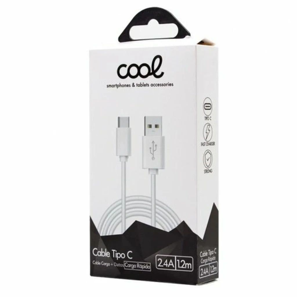Câble USB COOL Accesorios USB-A vers USB-C 1,2 m 2,4A Blanc, contenu de la boîte: packaging face avant avec câble enroulé